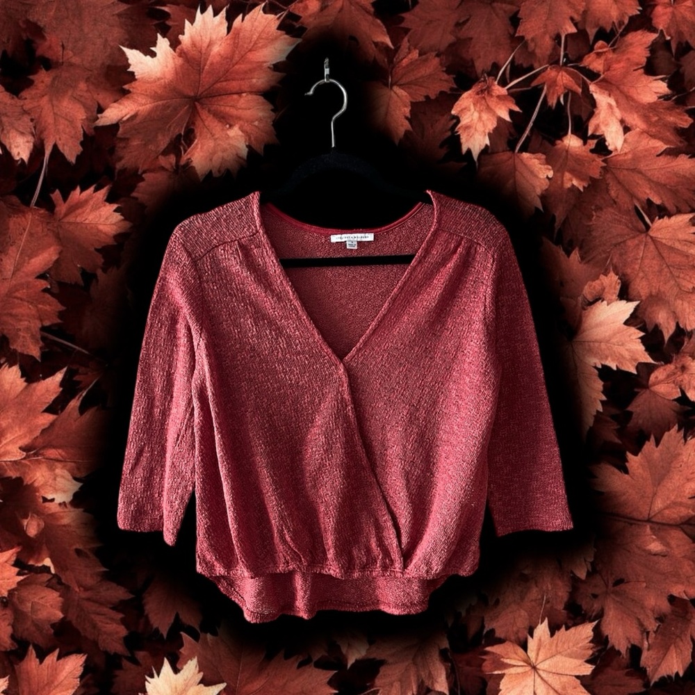 Crescent & Willough 2-Tone Burnt Sienna Knit Crossover Front Top